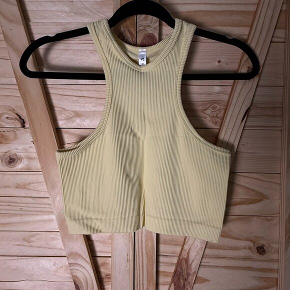 Large, Pale Yellow, Ribbed, Racerback Crop Tank Top - Picture 1 of 6